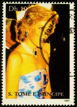Moscow, Russia - October 15, 2019: A stamp printed in Sao Tome and Principe shows Princess Diana, series "Diana, Princess of Wales Commemoration, 1961-1997", circa 1997のeditorial素材