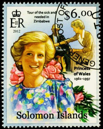 Moscow, Russia - October 17, 2019: A stamp printed in Solomon Islands shows Princess Diana, series "Diana, Princess of Wales Commemoration, 1961-1997", circa 2012のeditorial素材