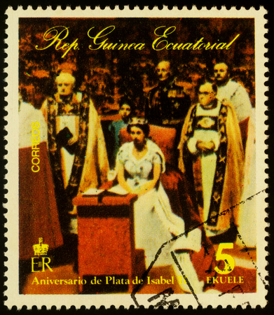 Moscow, Russia - October 17, 2019: stamp printed in Equatorial Guinea shows ceremony of coronation of Elizabeth II, series "The 25th Anniversary of the Reign of HRM The Queen Elizabeth II", circa 1977のeditorial素材