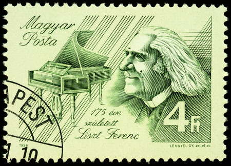 Moscow, Russia - November 19, 2019: stamp printed in Hungary shows Ferenc Liszt (1811-1886), Hungarian composer, virtuoso pianist, conductor, music teacher, organist of Romantic era, circa 1986のeditorial素材