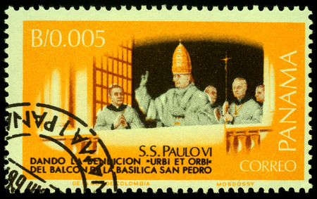 Moscow, Russia - November 25, 2019: Stamp printed in Panama, shows Pope Paul VI, giving the blessing "Urbi et orbi" from balcony of Basilica San Pedro, circa 1966のeditorial素材