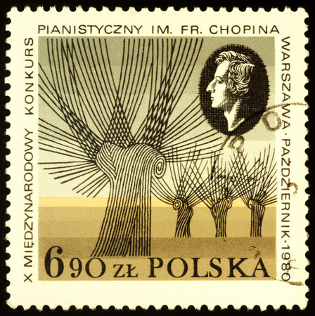 Moscow, Russia - November 17, 2019: stamp printed in Poland shows Polish composer Fryderyk Chopin (1810-1849), dedicated to the International Chopin Piano Playing Competition in Warsaw, circa 1980のeditorial素材