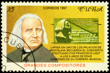 Moscow, Russia - November 21, 2019: stamp printed in Cuba shows Franz Liszt (1811-1886), Hungarian composer, virtuoso pianist, conductor, music teacher, organist, circa 1997のeditorial素材