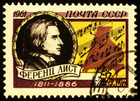 Moscow, Russia - November 20, 2019: stamp printed in USSR (Russia) shows Franz Liszt (1811-1886), Hungarian composer, virtuoso pianist, conductor, music teacher, organist of Romantic era, circa 1961のeditorial素材