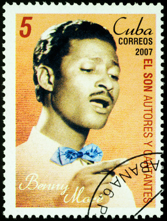 Moscow, Russia - November 22, 2019: stamp printed in Cuba shows Bartolome Maximiliano More (Benny More, 1919-1963), Cuban singer, bandleader and songwriter, circa 2007のeditorial素材