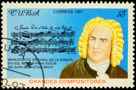Moscow, Russia - November 21, 2019: stamp printed in Cuba shows portrait of Johann Sebastian Bach (1685-1750), German composer and musician of the Baroque period, series "Composers", circa 1997のeditorial素材