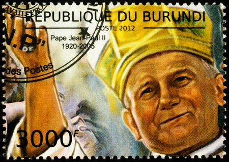 Moscow, Russia - November 26, 2019: Stamp printed in Burundi, shows portrait of Pope John Paul II (1920-2005), circa 2012のeditorial素材
