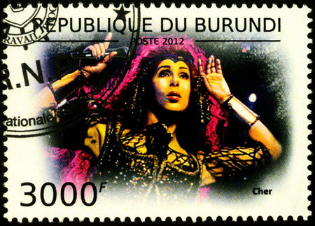 Moscow, Russia - November 12, 2019: stamp printed in Burundi shows portrait of Cher - American singer, actress and television host, circa 2012のeditorial素材