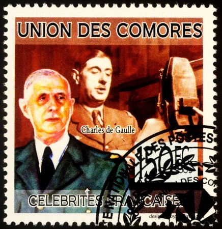 Moscow, Russia - November 04, 2019: stamp printed in Comoros shows portrait of Charles de Gaulle (1890-1970), President of France, series "Famous French People", circa 2009のeditorial素材