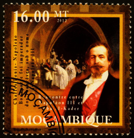 Moscow, Russia - November 06, 2019: stamp printed in Mozambique shows portrait of Napoleon III...