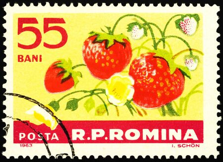 Moscow, Russia - January 21, 2020: stamp printed in Romania shows strawberry (Fragaria ananassa), series "Fruits", circa 1963のeditorial素材