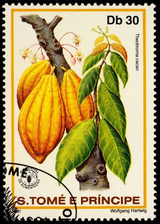Moscow, Russia - January 23, 2020: stamp printed in Sao Tome and Principe shows cacao fruits (Theobroma cacao), series "World Food Day", circa 1981のeditorial素材