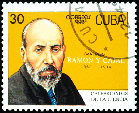 Moscow, Russia - February 24, 2020: stamp printed in Cuba, shows Santiago Ramon y Cajal (1852-1934),...