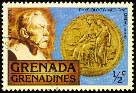 Moscow, Russia - February 25, 2020: stamp printed in Grenada, shows Portrait of Alfred Nobel (1833-1896) and Nobel Medal in Physiology or Medicine, series Nobel Prize Awards, circa 1978のeditorial素材