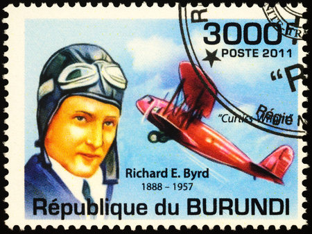 Moscow, Russia - March 09, 2020: stamp printed in Burundi shows Richard Byrd (1888-1957), American naval officer, aviator, polar explorer, series "Personalities - Famous Aviators", circa 2011のeditorial素材