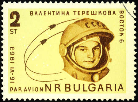 Moscow, Russia - March 10, 2020: stamp printed in Bulgaria shows Valentina Tereshkova, first woman in space on Soviet spaceship Vostok 6, circa 1963のeditorial素材