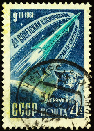 Moscow, Russia - March 14, 2020: stamp printed in USSR (Russia) shows 4th Soviet spaceship with dog Chernushka, circa 1961のeditorial素材