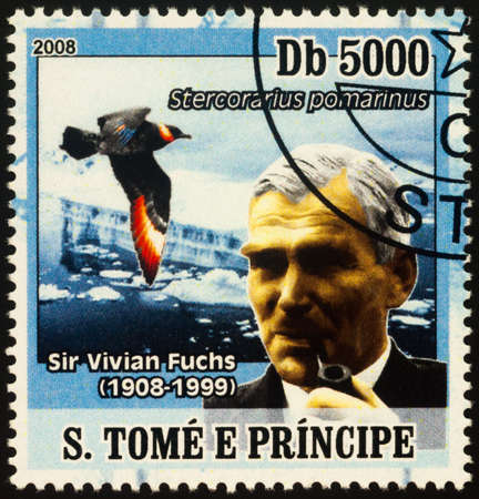 Moscow, Russia - May 21, 2020: stamp printed in Sao Tome and Principe shows portrait of Sir Vivian Ernest Fuchs (1908-1999), English explorer of Antarctica, circa 2008のeditorial素材