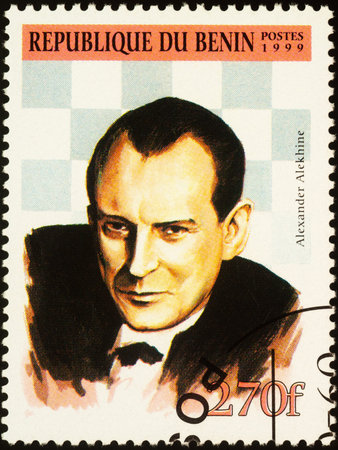 Moscow, Russia - September 19, 2020: stamp printed in Benin shows portrait of Alexander Alekhine...