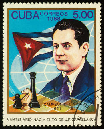 Moscow, Russia - September 18, 2020: stamp printed in Cuba shows Jose Raul Capablanca, Cuban chess player, world chess champion (1921-1927), circa 1988のeditorial素材