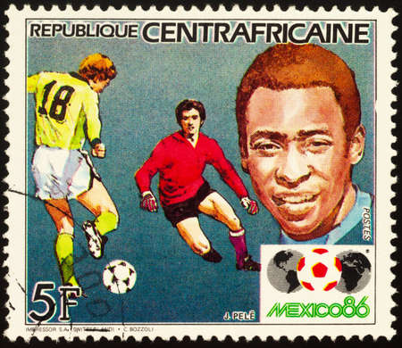 Moscow, Russia - September 21, 2020: stamp printed in Central African Republic shows portrait of famous Brazilian football player Pele, series Football World Cup - Mexico 1986, circa 1985のeditorial素材