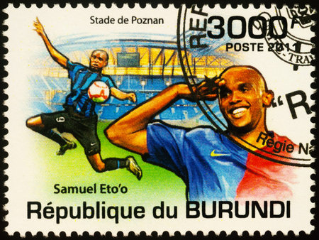 Moscow, Russia - September 23, 2020: stamp printed in Burundi shows Cameroonian footballer Samuel...