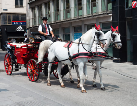 Vienna, Austria - July 30, 2019: Fiacre, horse-drawn carriage, traditional tourist vehicle in Vienna
