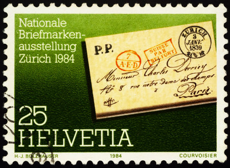 Moscow, Russia - January 31, 2021: stamp printed in Switzerland shows Pre-philatelistic letter,...