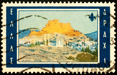 Moscow, Russia - February 24, 2021: stamp printed in Greece shows picture Athens at dawn by Lord Baden-Powell, dedicated to the 11th World Scout Jamboree, Marathon, circa 1963のeditorial素材
