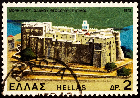 Moscow, Russia - February 26, 2021: stamp printed in Greece shows Monastery of Saint John the Divine, island of Patmos, Greece, series Monasteries and Churches, circa 1972のeditorial素材