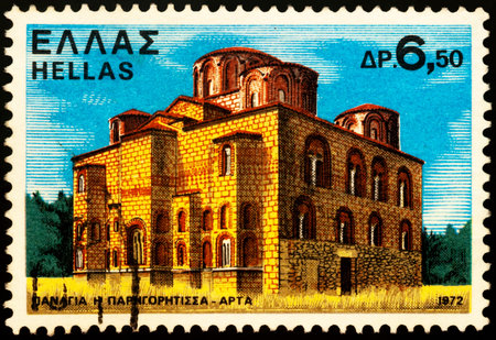 Moscow, Russia - February 26, 2021: stamp printed in Greece shows Byzantine Church of Parigoritissa (13th century), Arta, Epirus, Greece, series Monasteries and Churches, circa 1972のeditorial素材