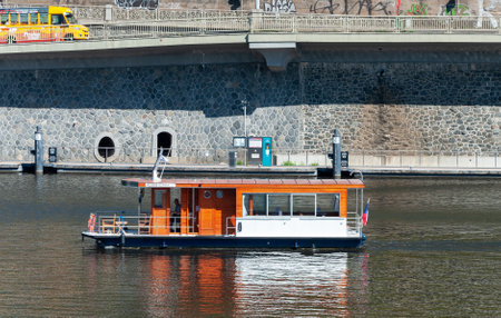 Retro pleasure boat on Vltava River in Prague, Czech Republicのeditorial素材