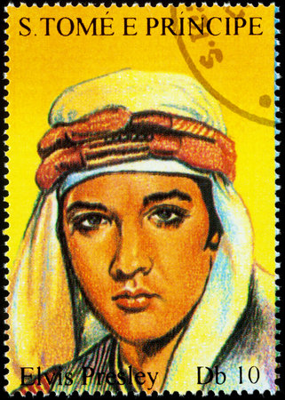 Moscow, Russia - August 10, 2022: stamp printed in Sao Tome and Principe, shows portrait of American singer Elvis Presley (1935-1977), series Elvis Presley, circa 1994のeditorial素材