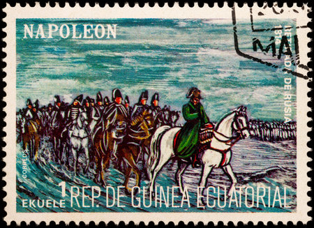 Moscow, Russia - August 06, 2022: stamp printed in Equatorial Guinea, shows Napoleon retreat from...