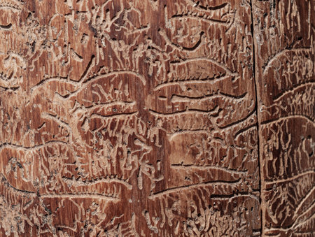 Texture of old fir tree trunk eaten by worm