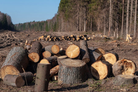 Deforested area in a forest, piles of logs on the ground, forest clearing, Russia