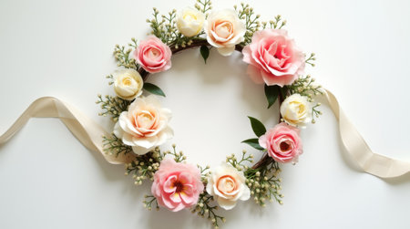Delicate floral wreath ornament with roses, peonies, and trailing ribbonsの素材