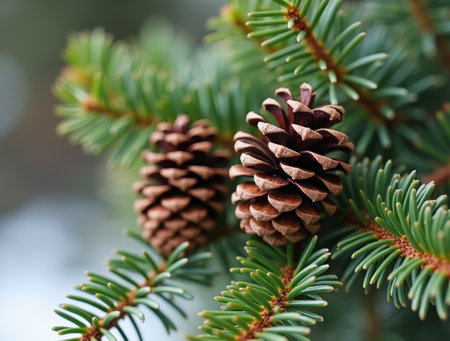 Pine cones and evergreen spruce branches with needlesの素材
