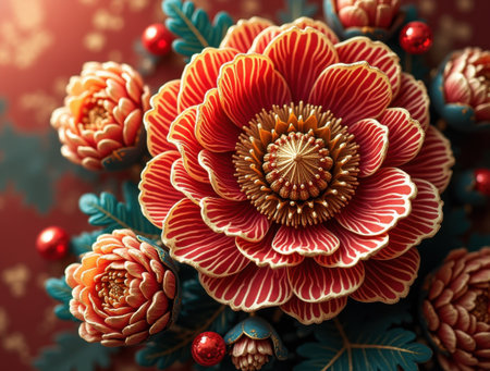 Chinese traditional artistry, chrysanthemum ornament with gold accentsの素材