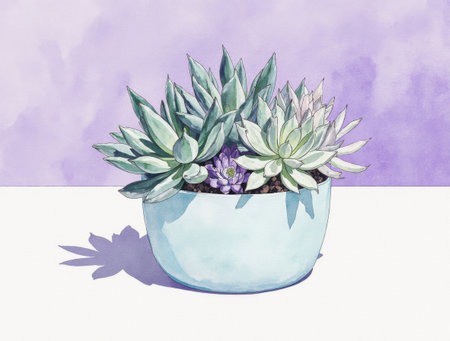 Minimalist succulent composition in white flower pot, soft watercolor styleの素材