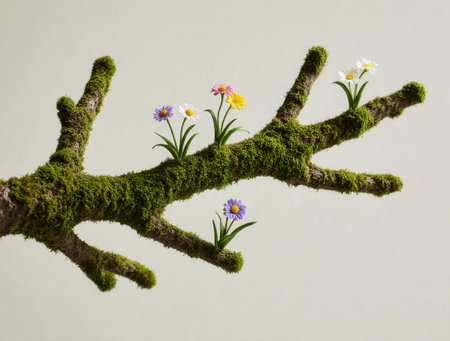 Old snag covered with green moss and tiny wildflowersの素材