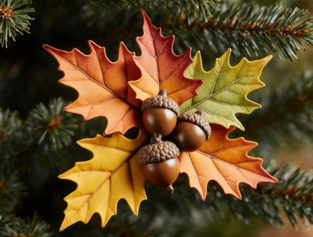 Three acorns on leaves background, forest autumn colorsの素材