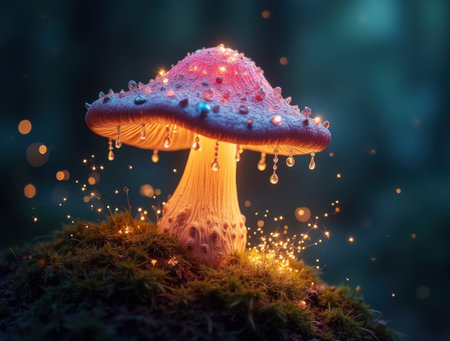 Magical glowing mushroom with sparkles in the nightの素材