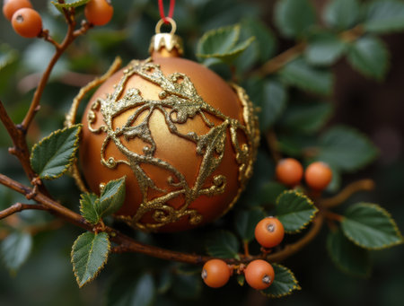 Christmas tree decoration, a ball with vine ornament and berriesの素材