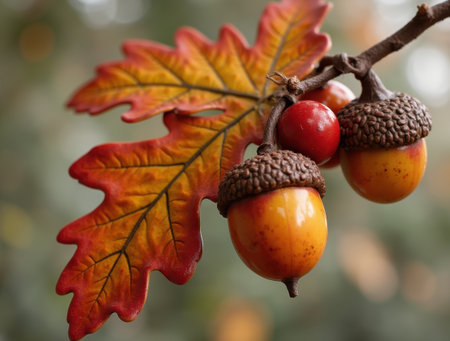 Oak branch with dry leaves and ripe acorns, autumn colorsの素材