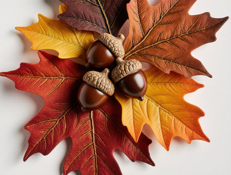 Three acorns on dry leaves background, forest autumn colorsの素材