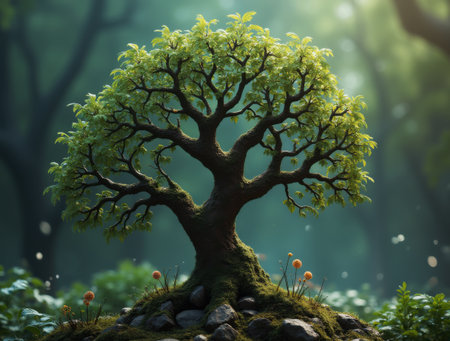 Enchanted old tree in forest with swirling branches and mystical leavesの素材