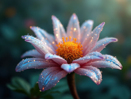 Fantasy flower ornament with iridescent petals and crystal dewdropsの素材