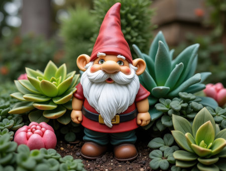 Whimsical garden gnome surrounded by oversized decorative plantsの素材