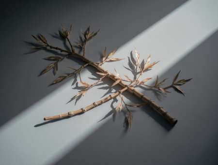Traditional Japanese-inspired bamboo composition. Two crossed bamboo branches on a gray background illuminated by a narrow beam of sunlightの素材